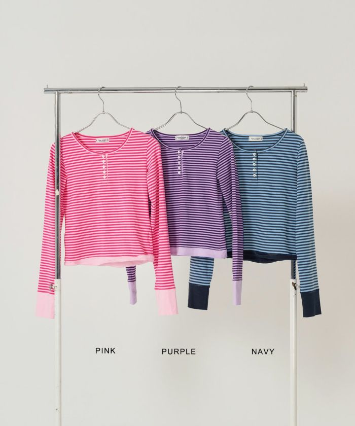  ボーダー/ ヘンリーネック/ロンT/ネイビー/ピンク/パープル