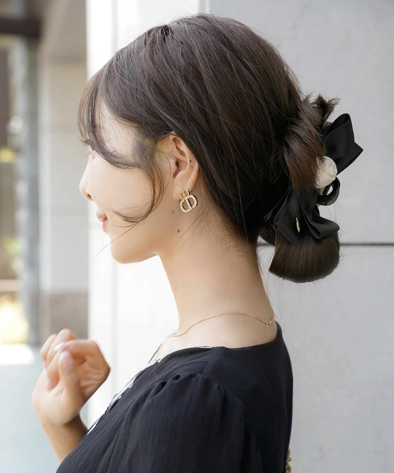 レディース/小物/ヘアアクセ/バンス/クリップ/ヘア/髪留め/ヘアアレンジ/ポニーテール/ハーフアップ/リボン/薔薇/ブラック/配色/バイカラー/綺麗め/上品/エレガント/フェミニン