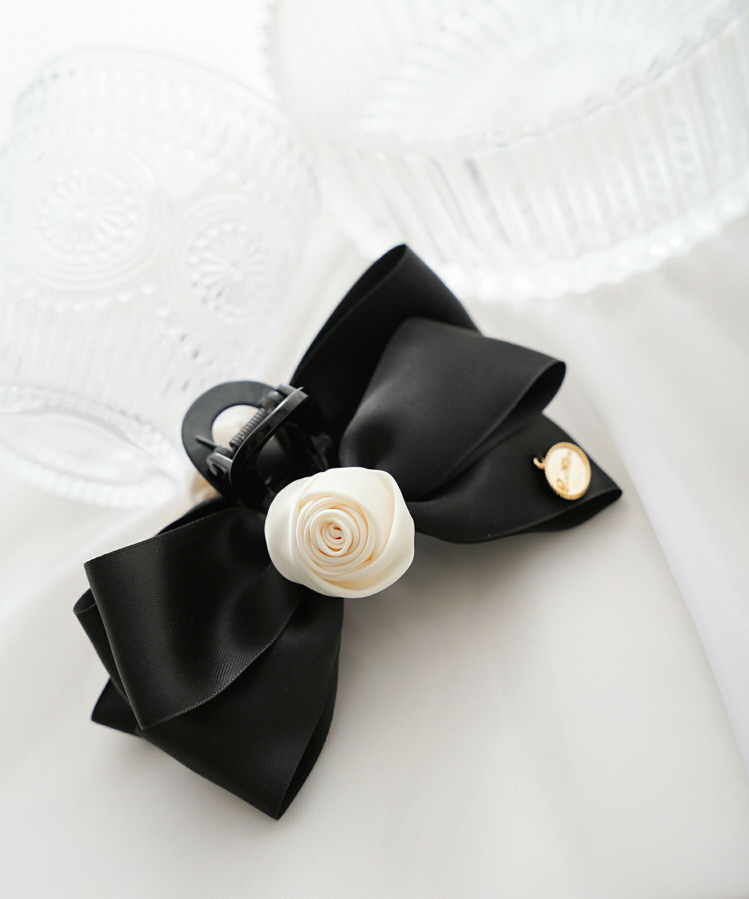 レディース/小物/ヘアアクセ/バンス/クリップ/ヘア/髪留め/ヘアアレンジ/ポニーテール/ハーフアップ/リボン/薔薇/ブラック/配色/バイカラー/綺麗め/上品/エレガント/フェミニン