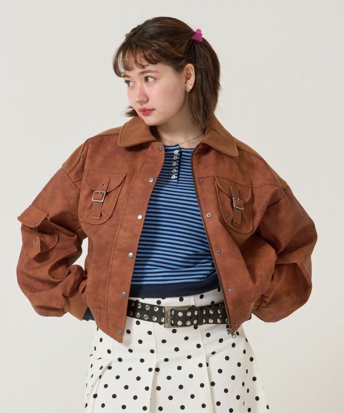 リブ ドッキング フェイクレザーブルゾン TINA：JOJUNブラウン新品未使用 リブドッキングフェイクレザーブルゾン | NANAE | TINA：JOJUN