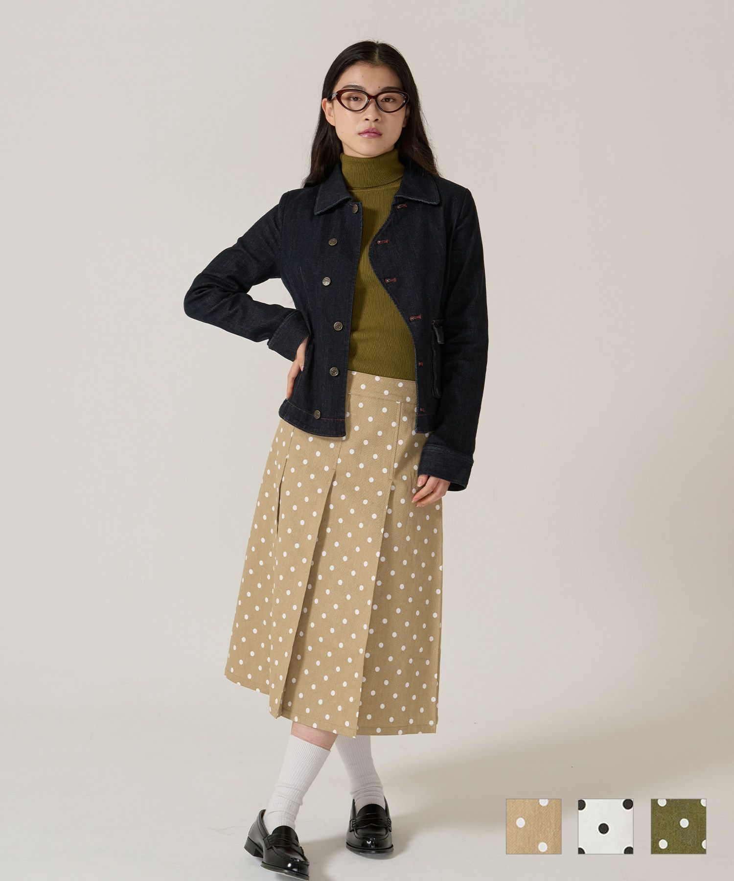 ドット/プリーツスカート/ミディ丈