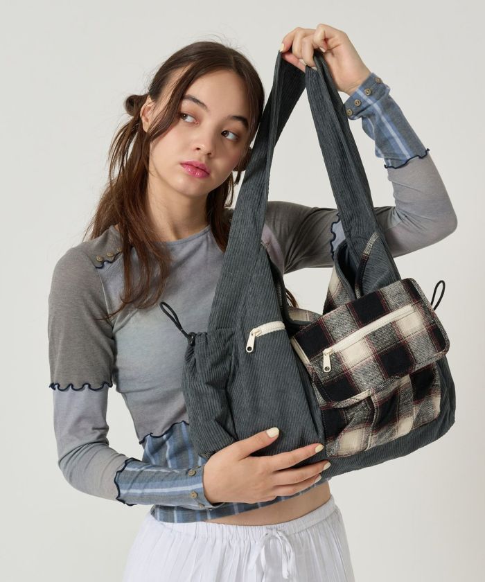 コーデュロイ/ショルダー/バッグ/グレー