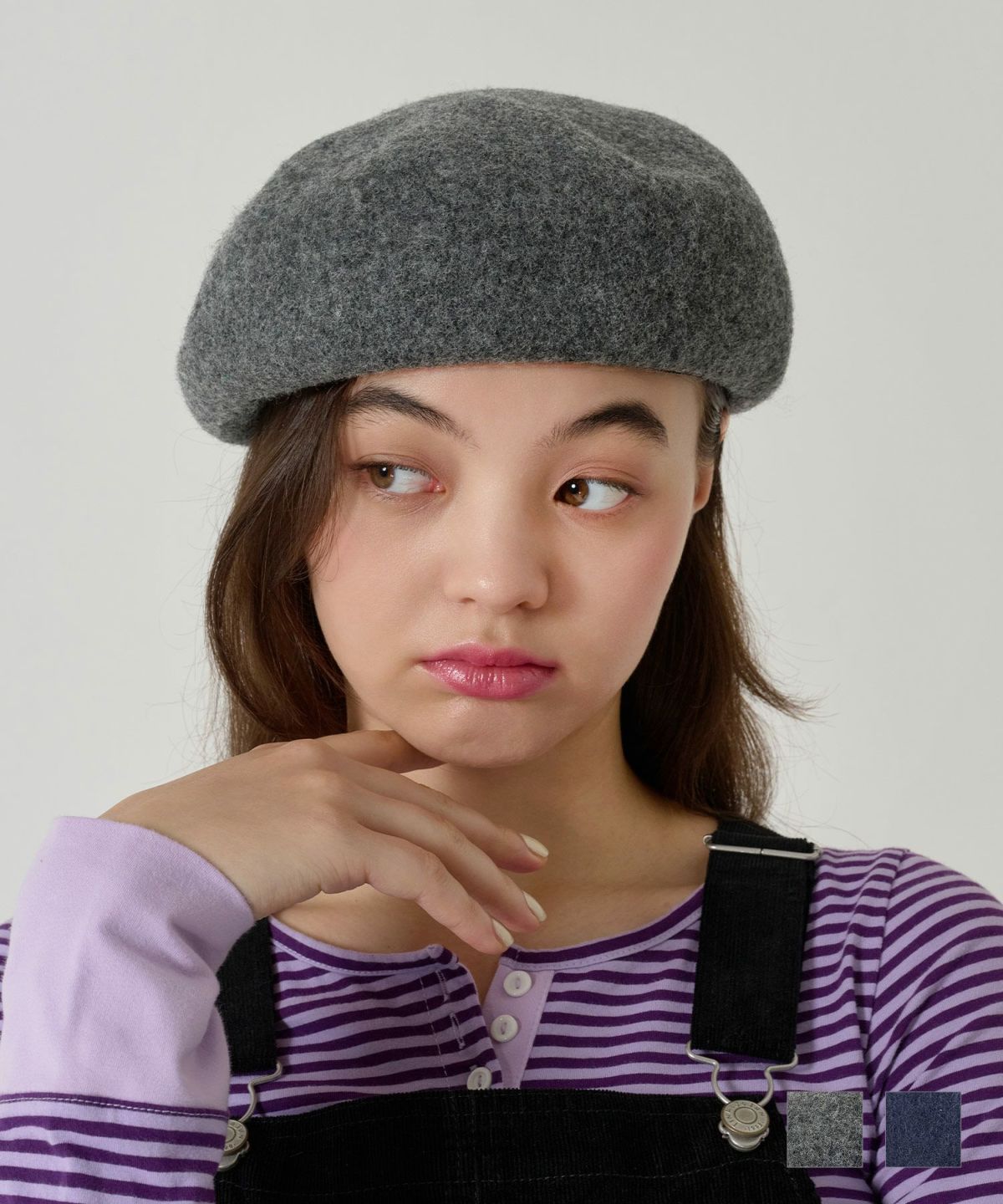 刺繍/ベレー帽/帽子/グレー