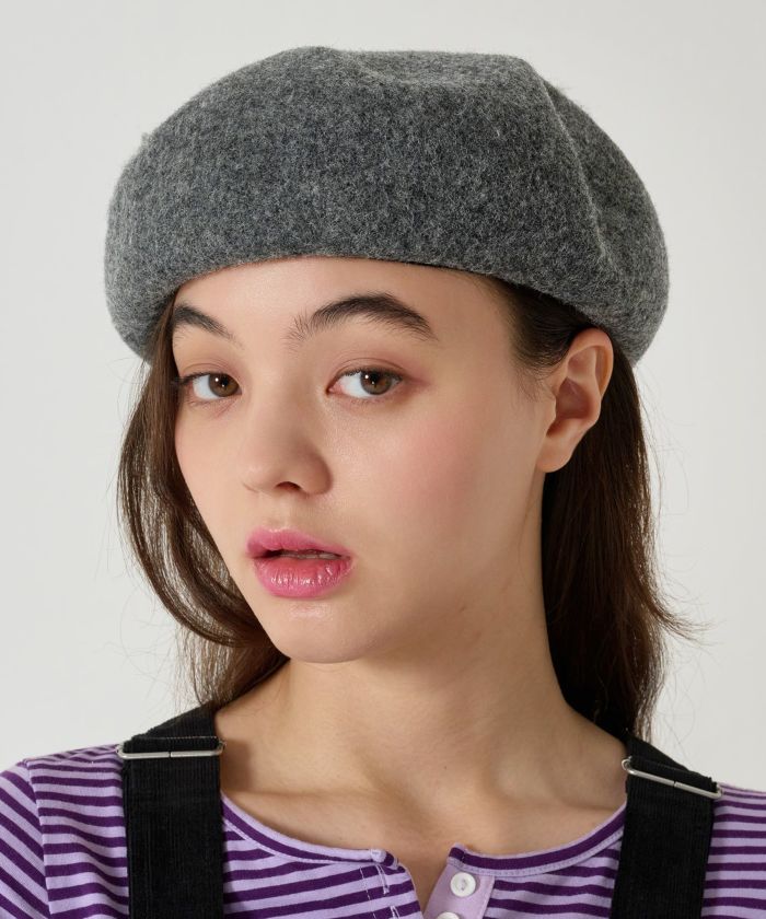 刺繍/ベレー帽/帽子/グレー