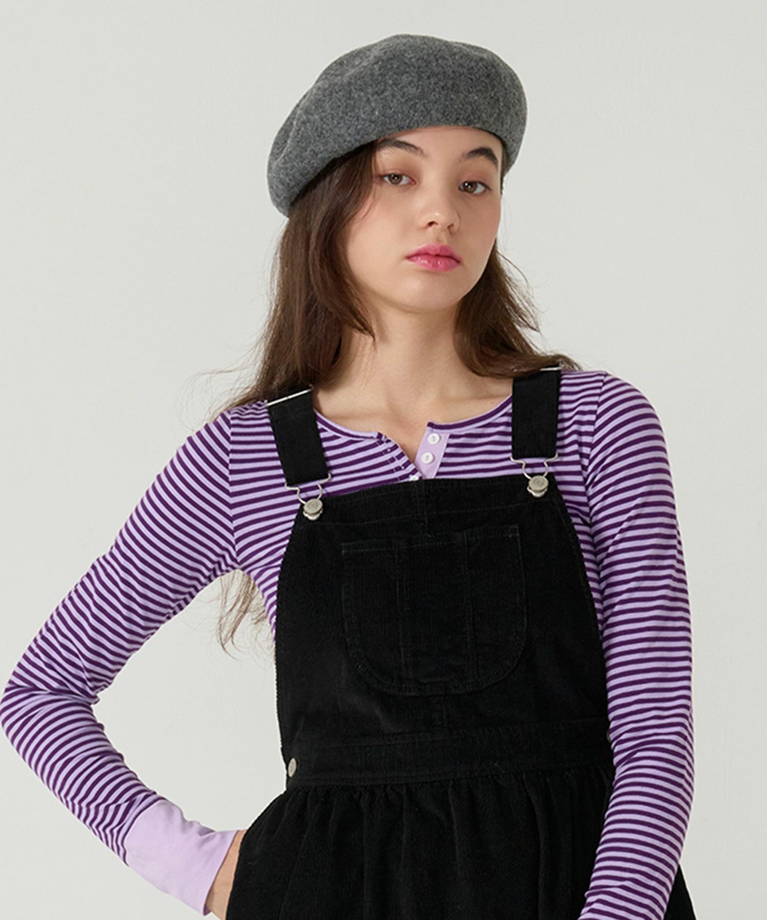 刺繍/ベレー帽/帽子/グレー