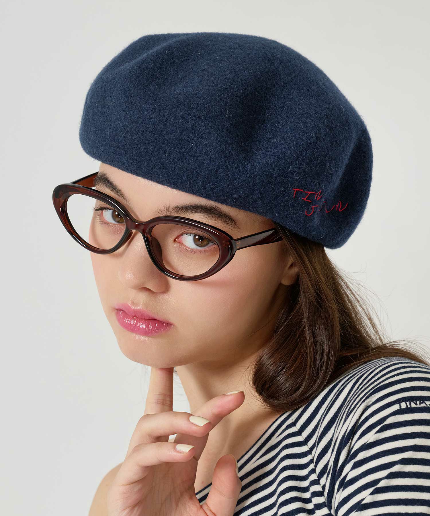 刺繍/ベレー帽/帽子/ネイビー