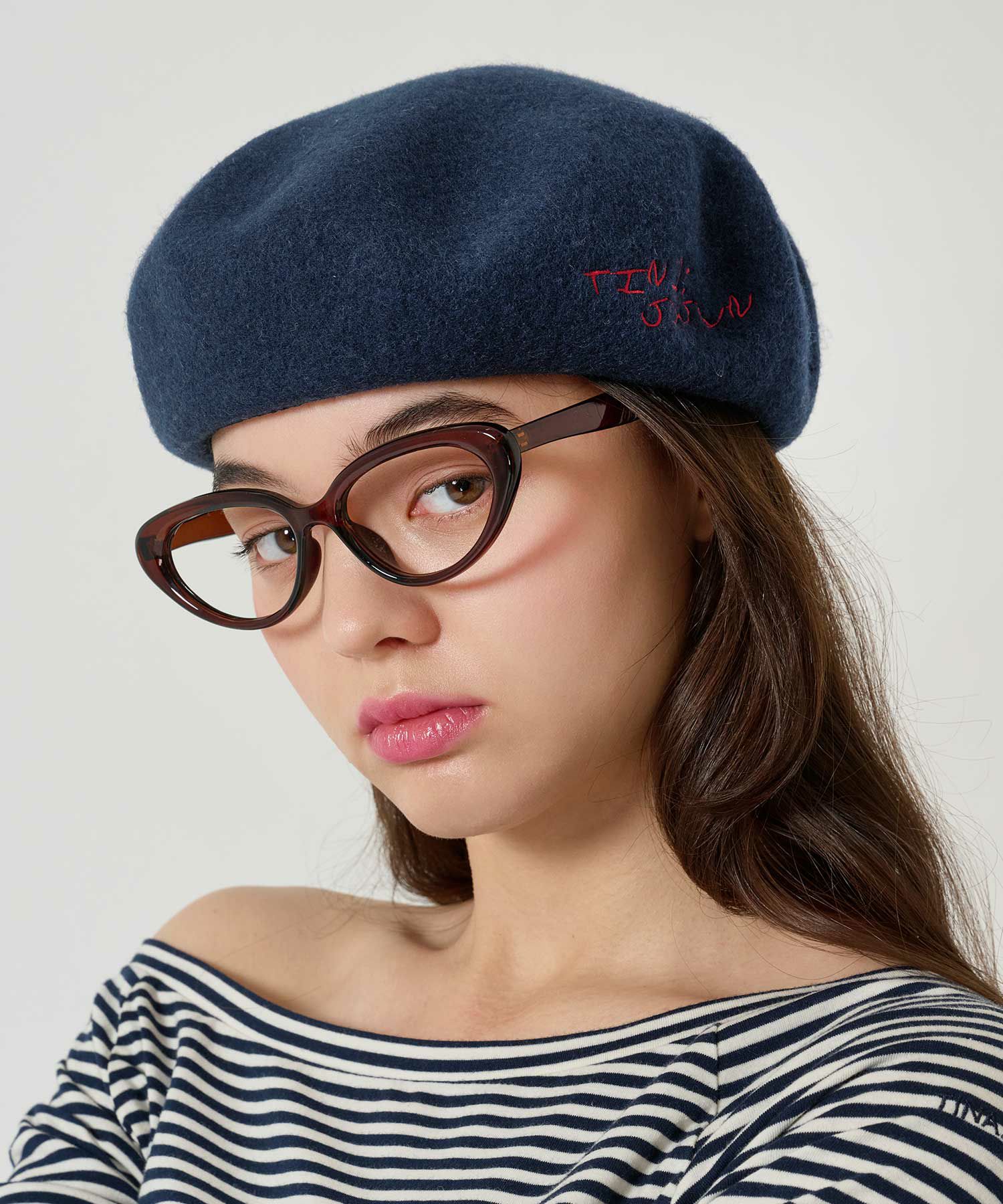 刺繍/ベレー帽/帽子/ネイビー