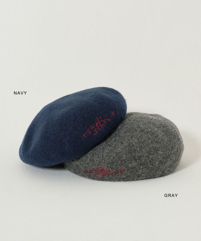 刺繍/ベレー帽/帽子/グレー/ネイビー