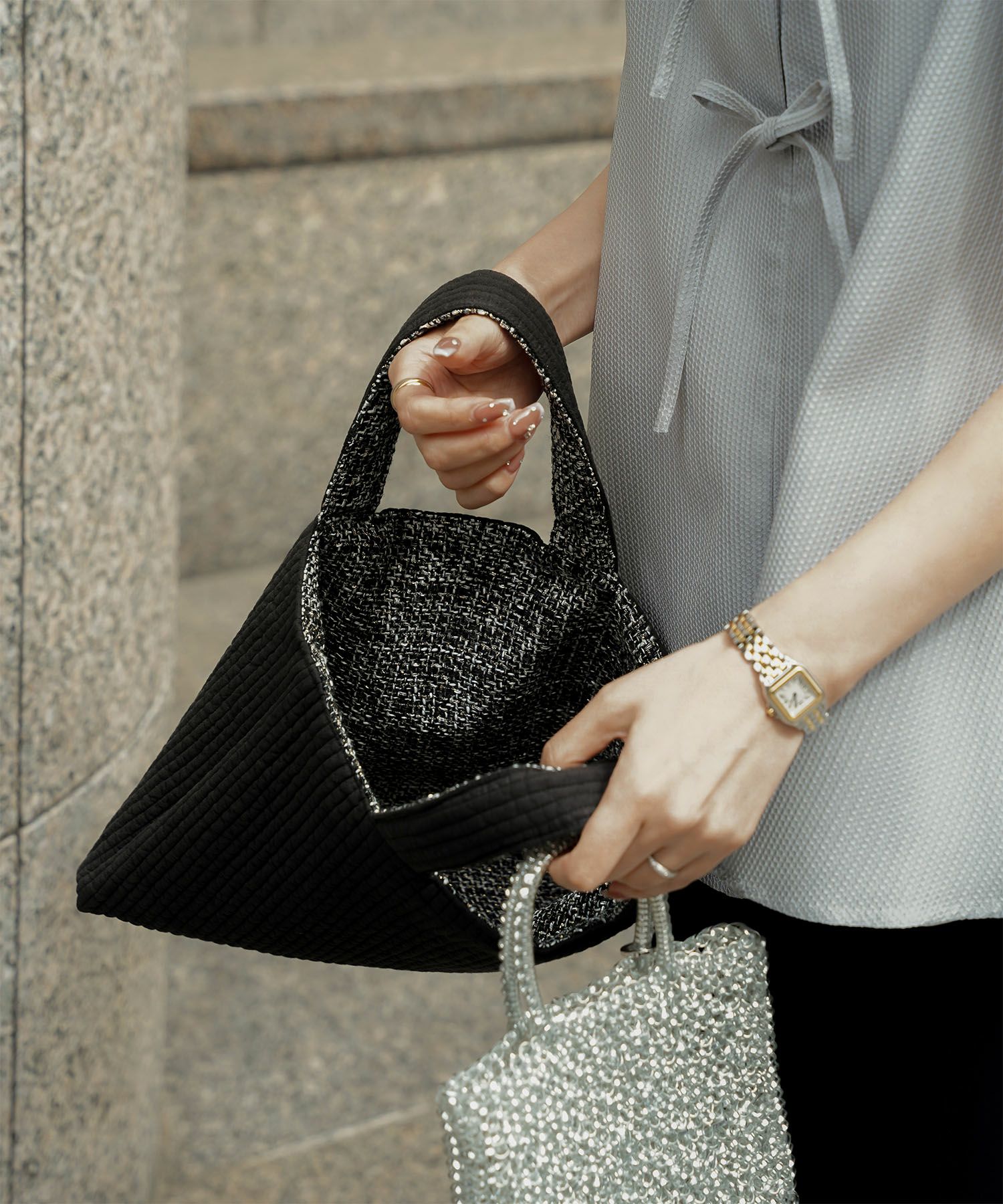 レディース バッグ 無地 ツイード リバーシブル オケージョン 春 夏 秋 冬 ヌビ サブバッグ アイボリー ブラック フリー