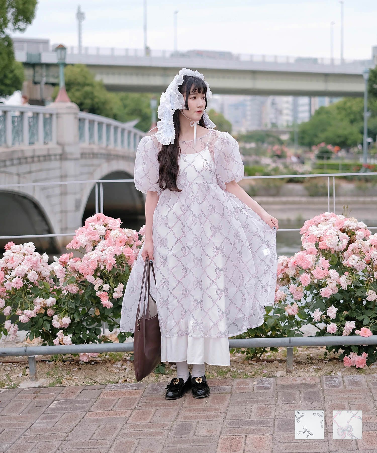 プリント パフスリーブ ミニ ワンピース miolite モノクロリボン/ピンクリボン