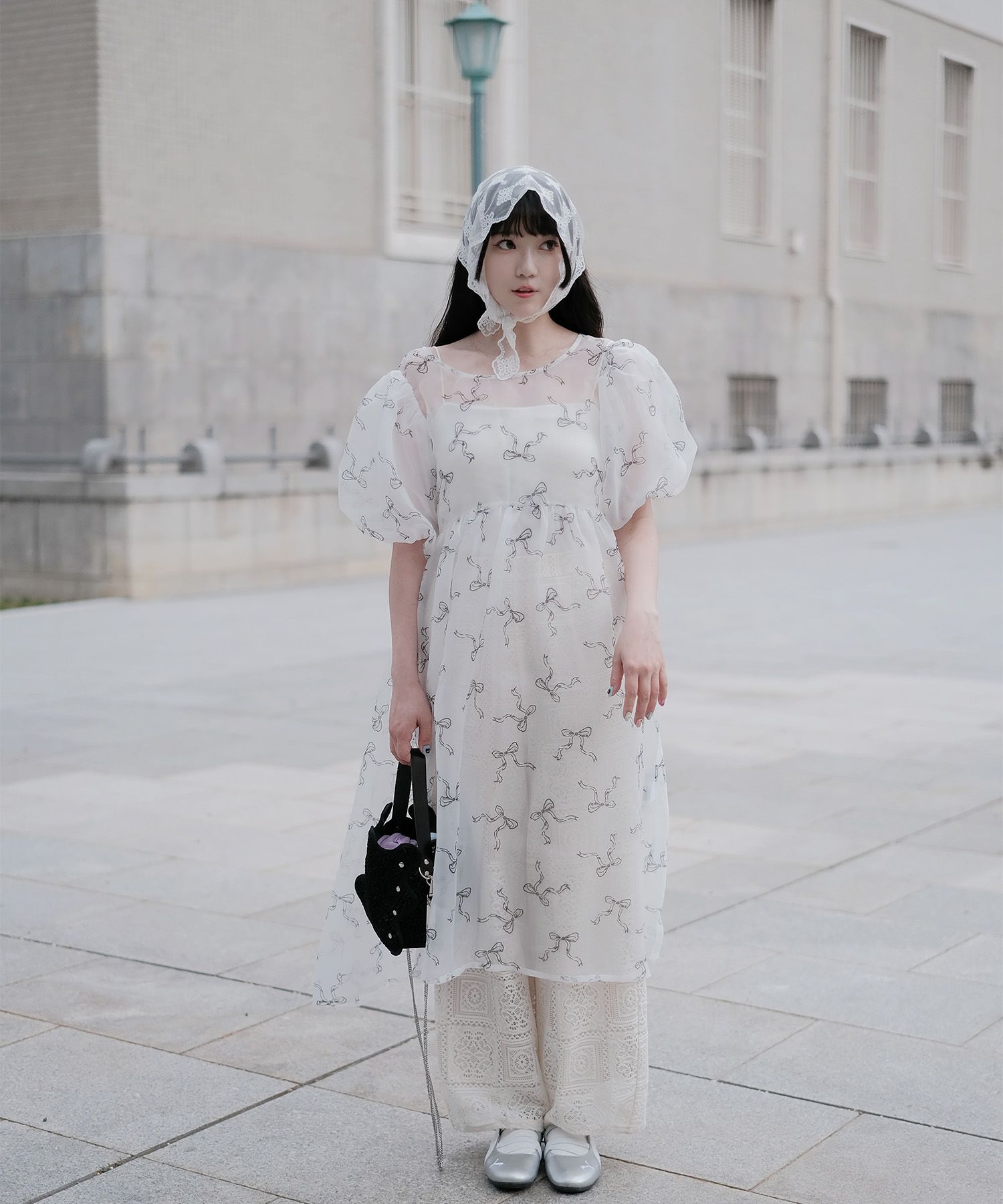 ワンピース ロングワンピース リボン モノクロリボン/ピンクリボン/M