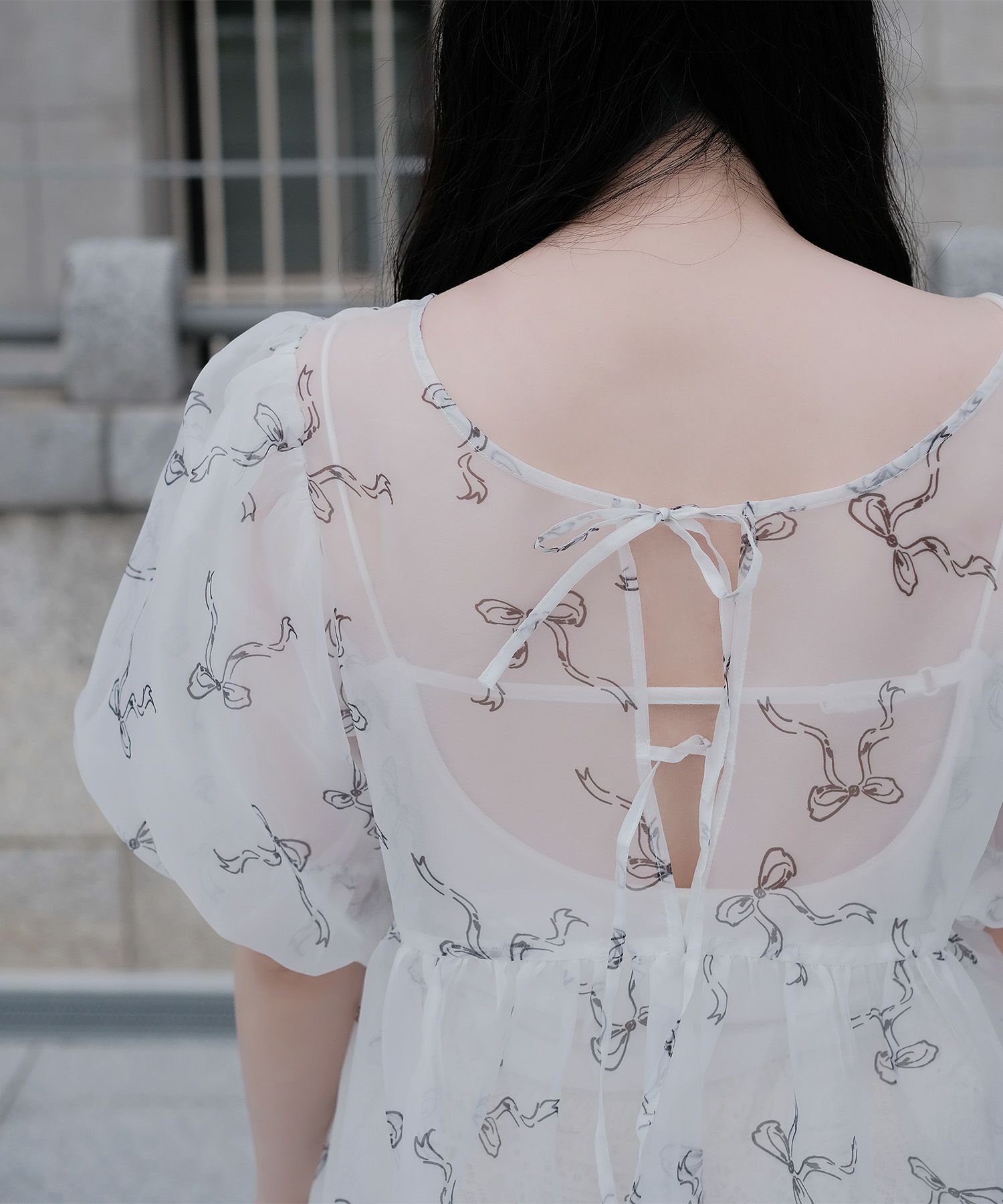 ワンピース ロングワンピース リボン モノクロリボン/ピンクリボン/M