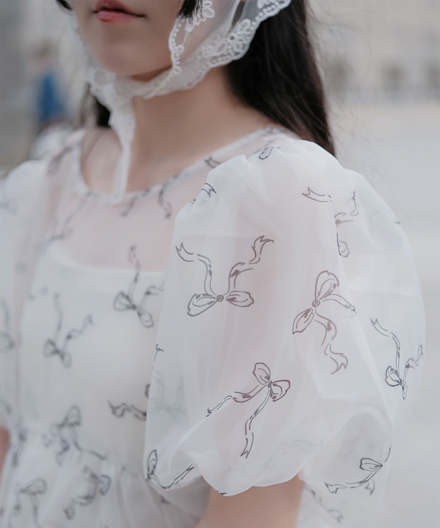 ワンピース ロングワンピース リボン モノクロリボン/ピンクリボン/M