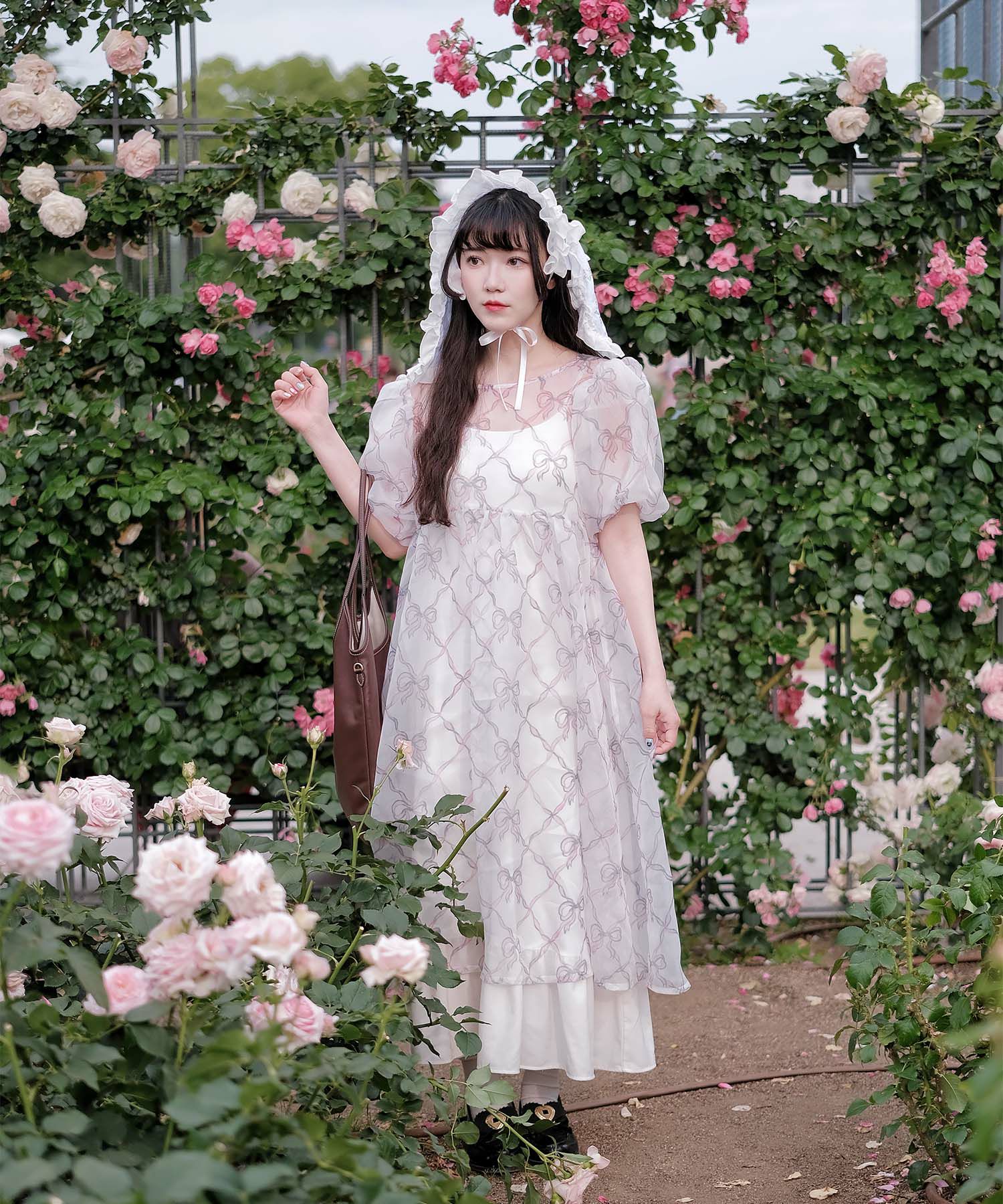 ワンピース ロングワンピース リボン モノクロリボン/ピンクリボン/M