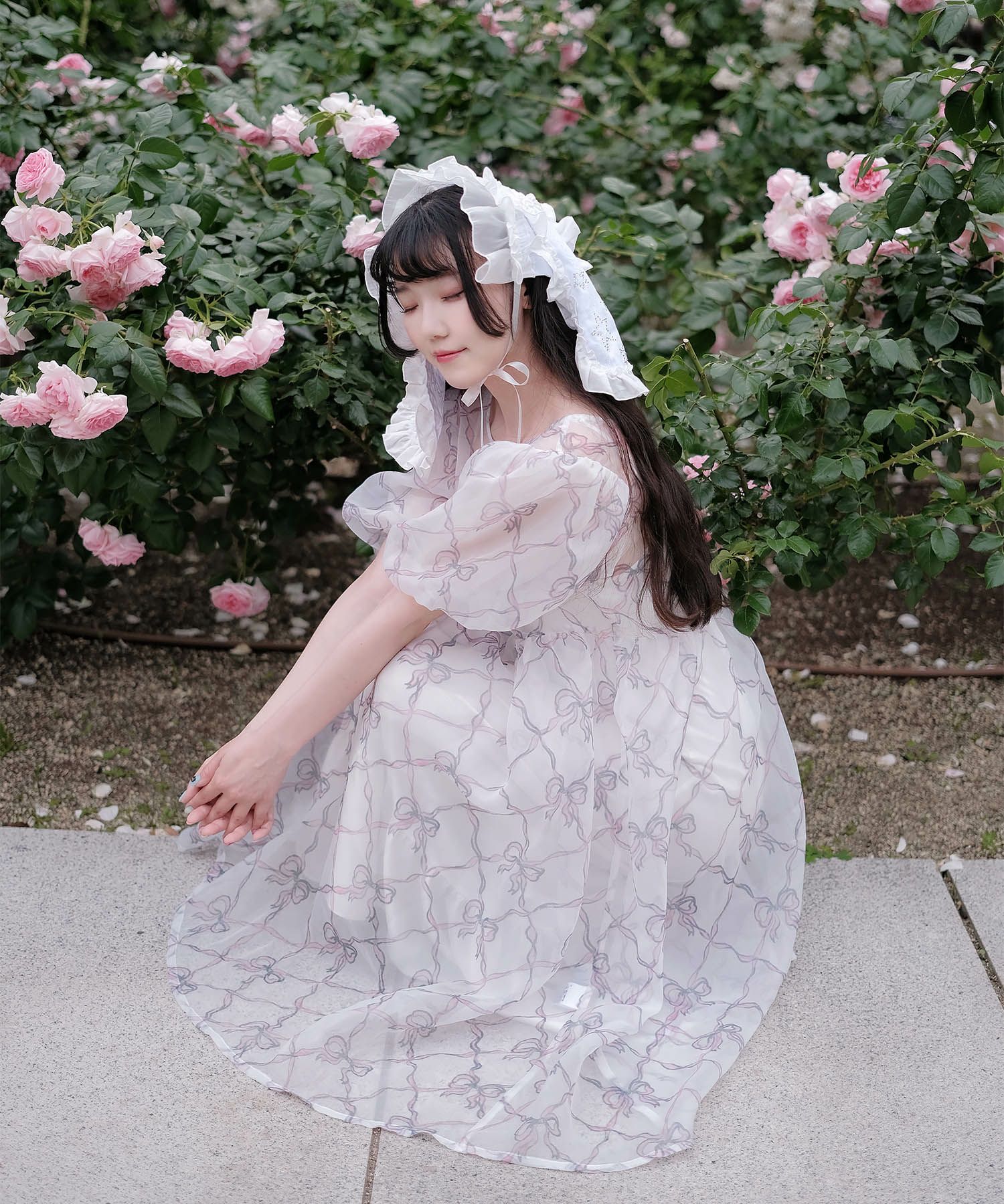 ワンピース ロングワンピース リボン モノクロリボン/ピンクリボン/M