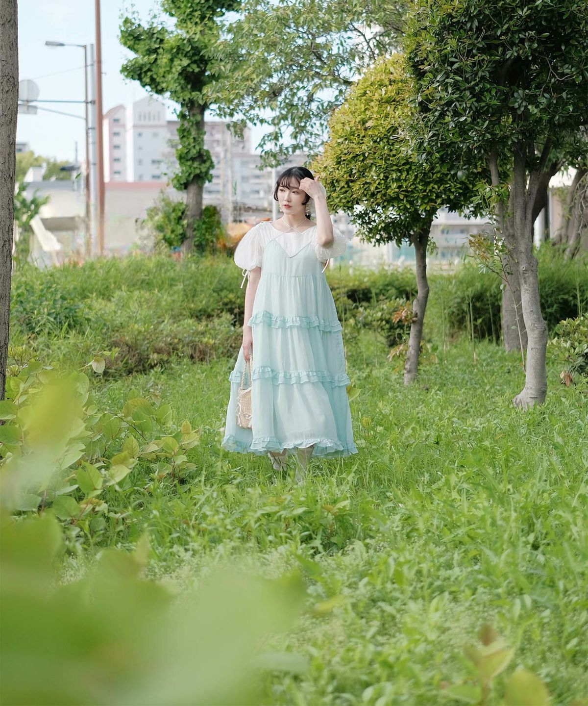 キャミワンピース ロングワンピース リボン ラベンダー/ライトグリーン/M