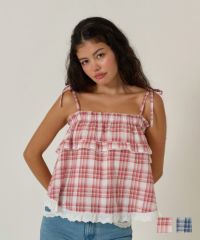 トップス/チュニック/キャミソール/チェック/レッド