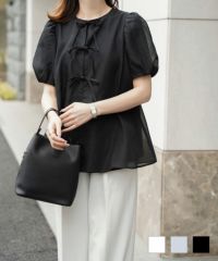 レディース トップス  ブラウス リボン ジャガード 半袖 きれいめ 上品 洗える ホワイト サックス ブラック M