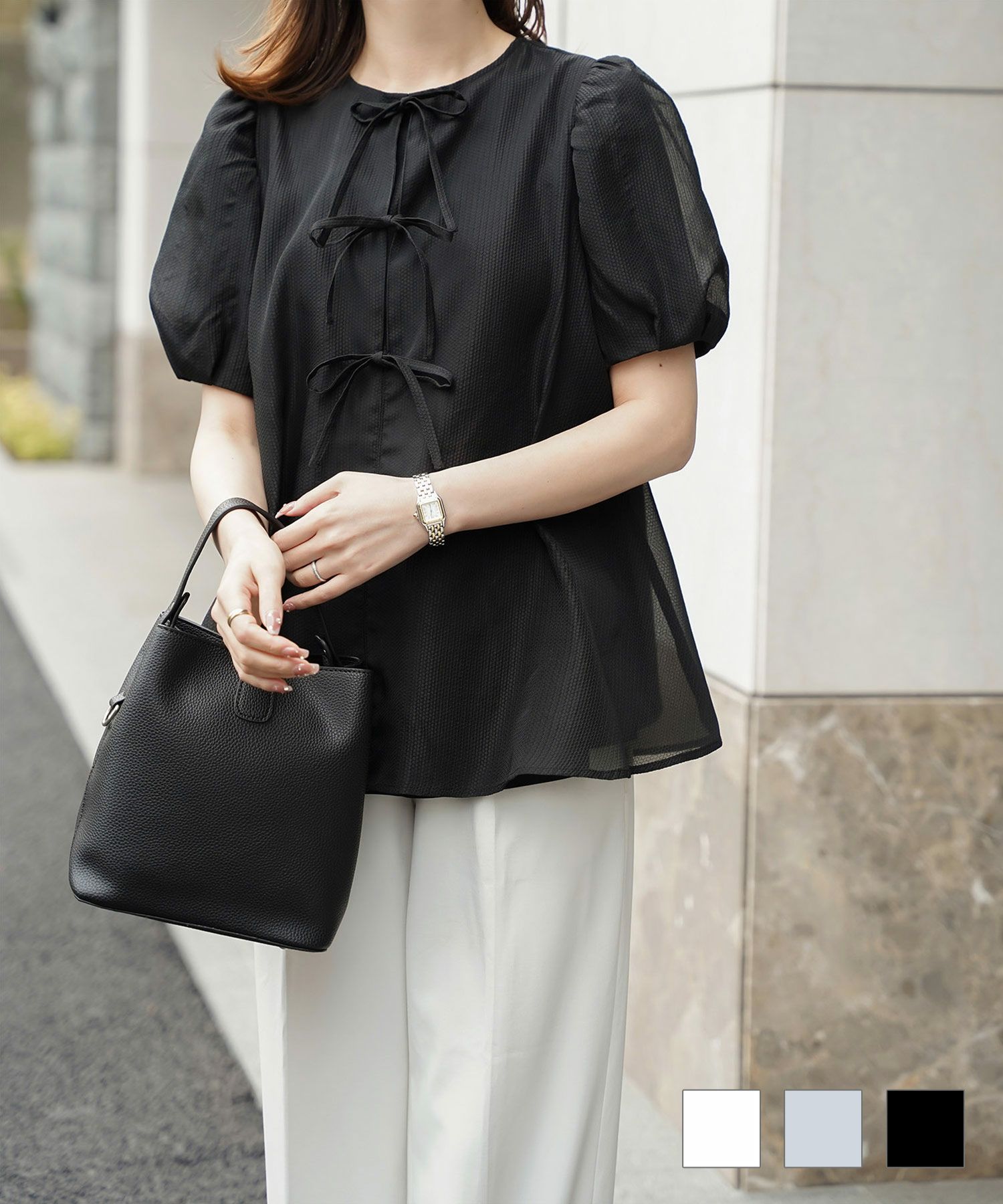 レディース トップス  ブラウス リボン ジャガード 半袖 きれいめ 上品 洗える ホワイト サックス ブラック M