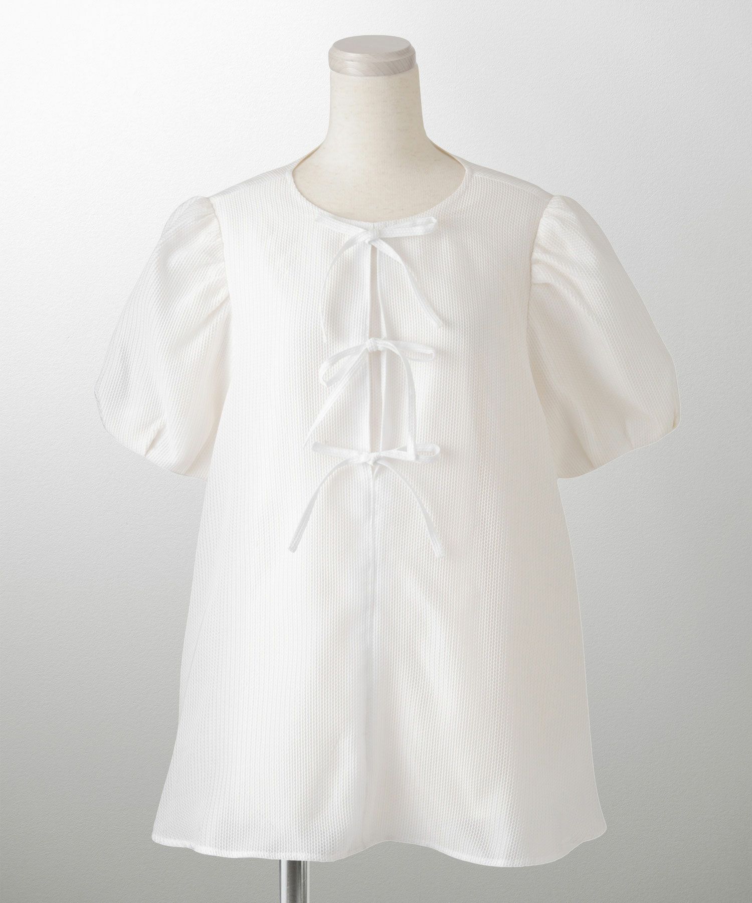 レディース トップス  ブラウス リボン ジャガード 半袖 きれいめ 上品 洗える ホワイト サックス ブラック M