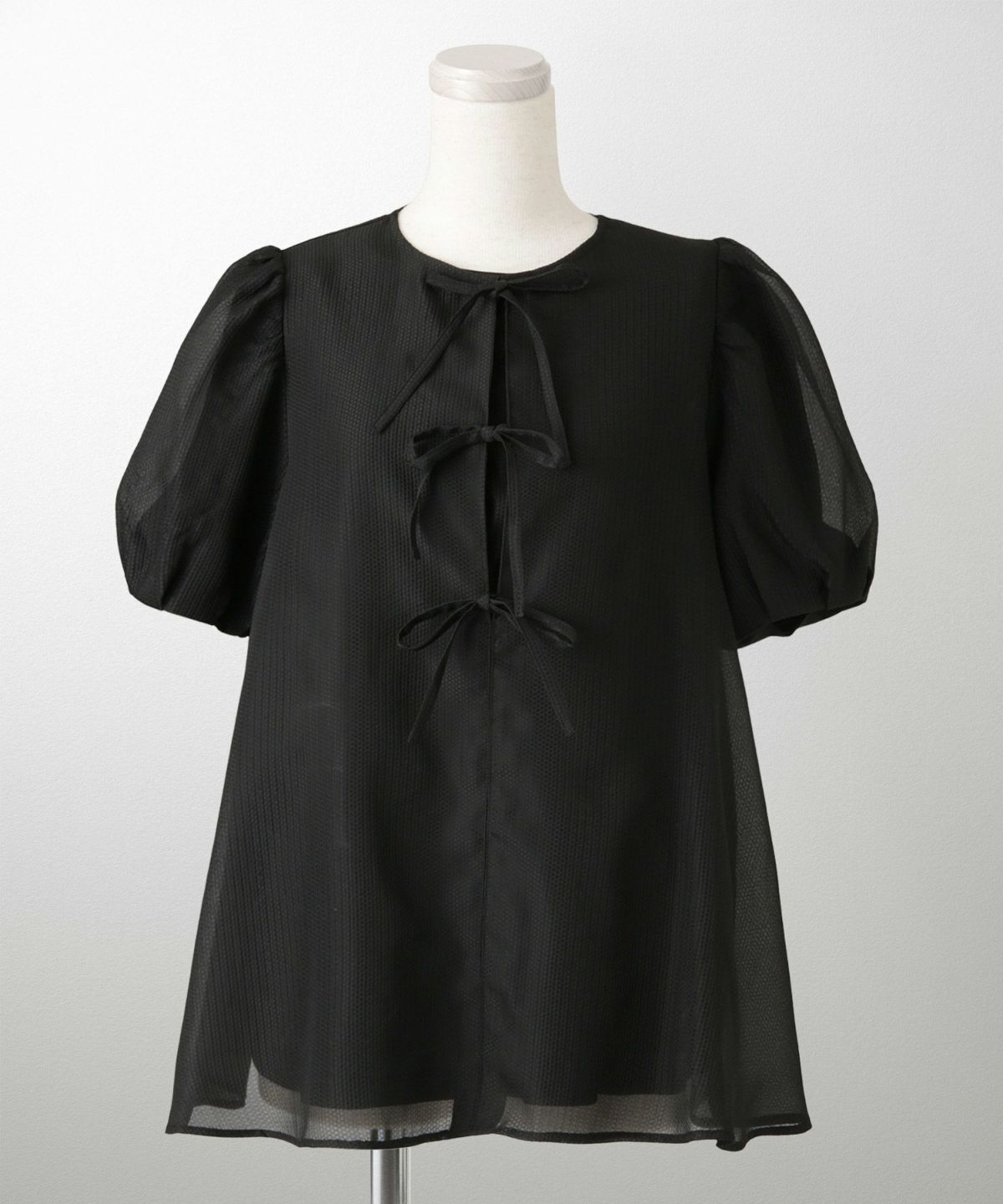 レディース トップス  ブラウス リボン ジャガード 半袖 きれいめ 上品 洗える ホワイト サックス ブラック M