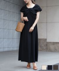 リボンオフショル風ウォッシャブルワンピースlerevevanillerアイボリー/ブラックネイビー/ブラウン