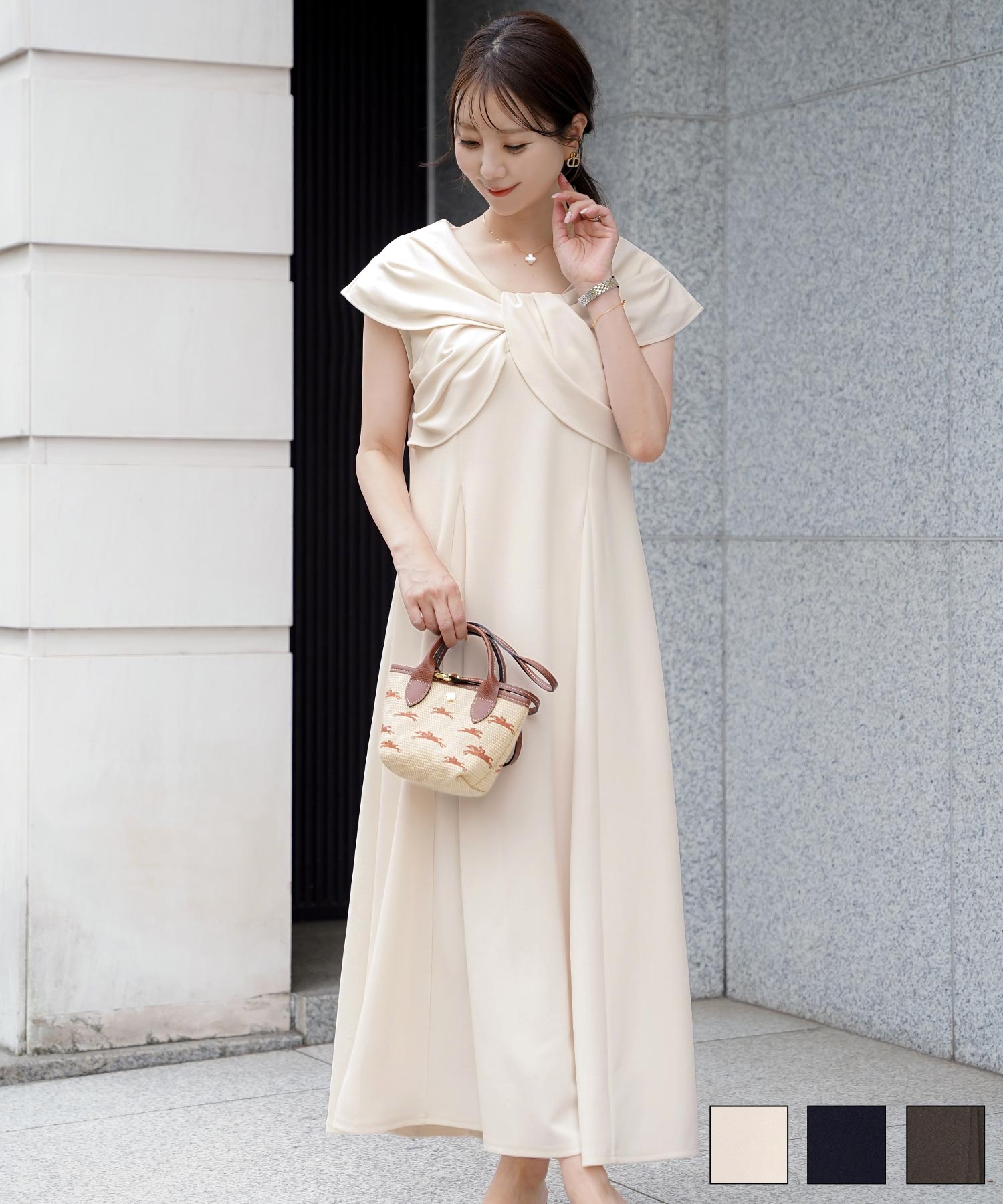 リボンオフショル風ウォッシャブルワンピースlerevevanillerアイボリー/ブラックネイビー/ブラウン