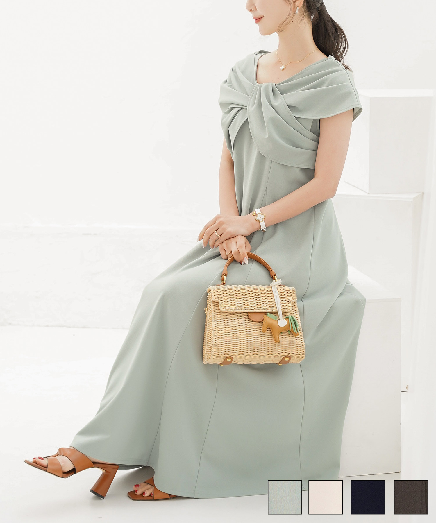 リボンオフショル風ウォッシャブルワンピースlerevevanillerアイボリー/ブラックネイビー/ブラウン