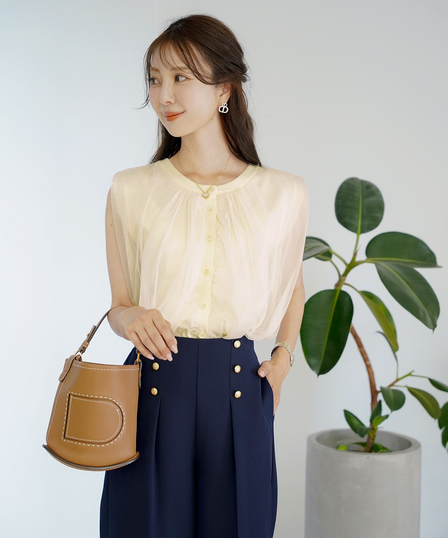 レディースファッションセレクトエレガントシンプルノースリーブニットトップス前後2WAY2WAYレイヤードチュールボリューム体型カバー上品カジュアルルーズ