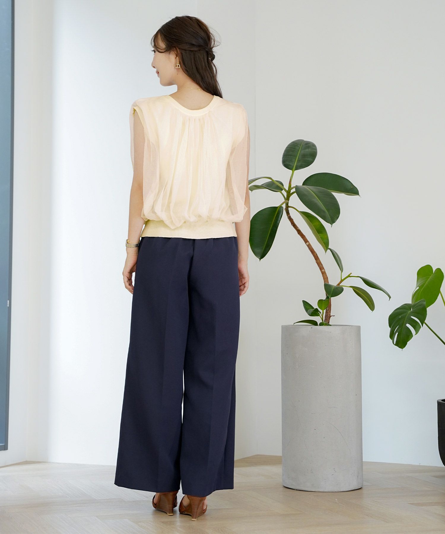 レディースファッションセレクトエレガントシンプルノースリーブニットトップス前後2WAY2WAYレイヤードチュールボリューム体型カバー上品カジュアルルーズ