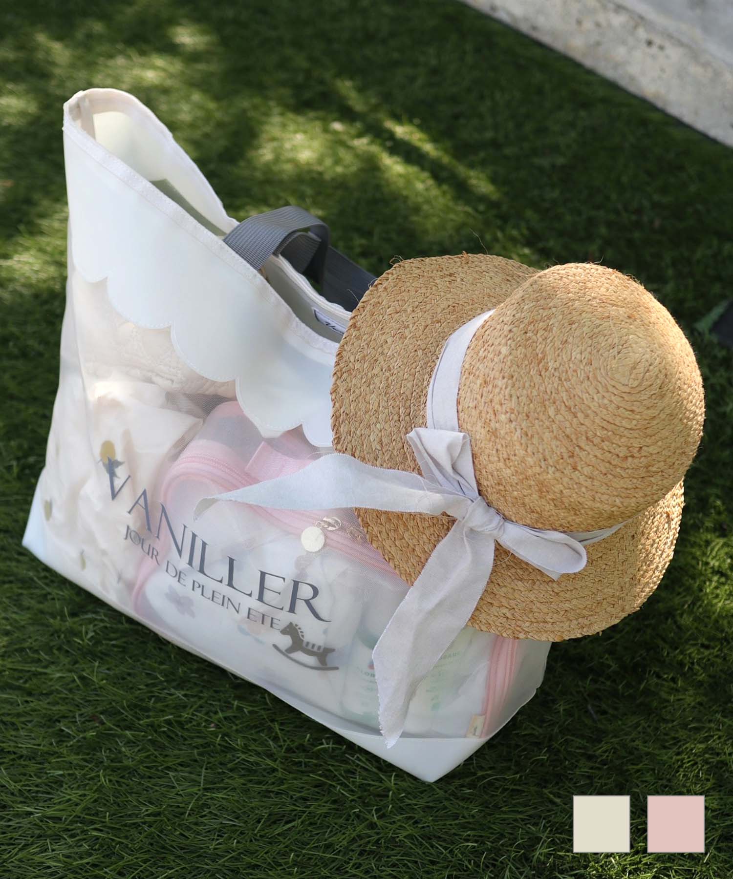 スカラップメッシュラージトートバッグlerevevanillerオフホワイト/ピンク