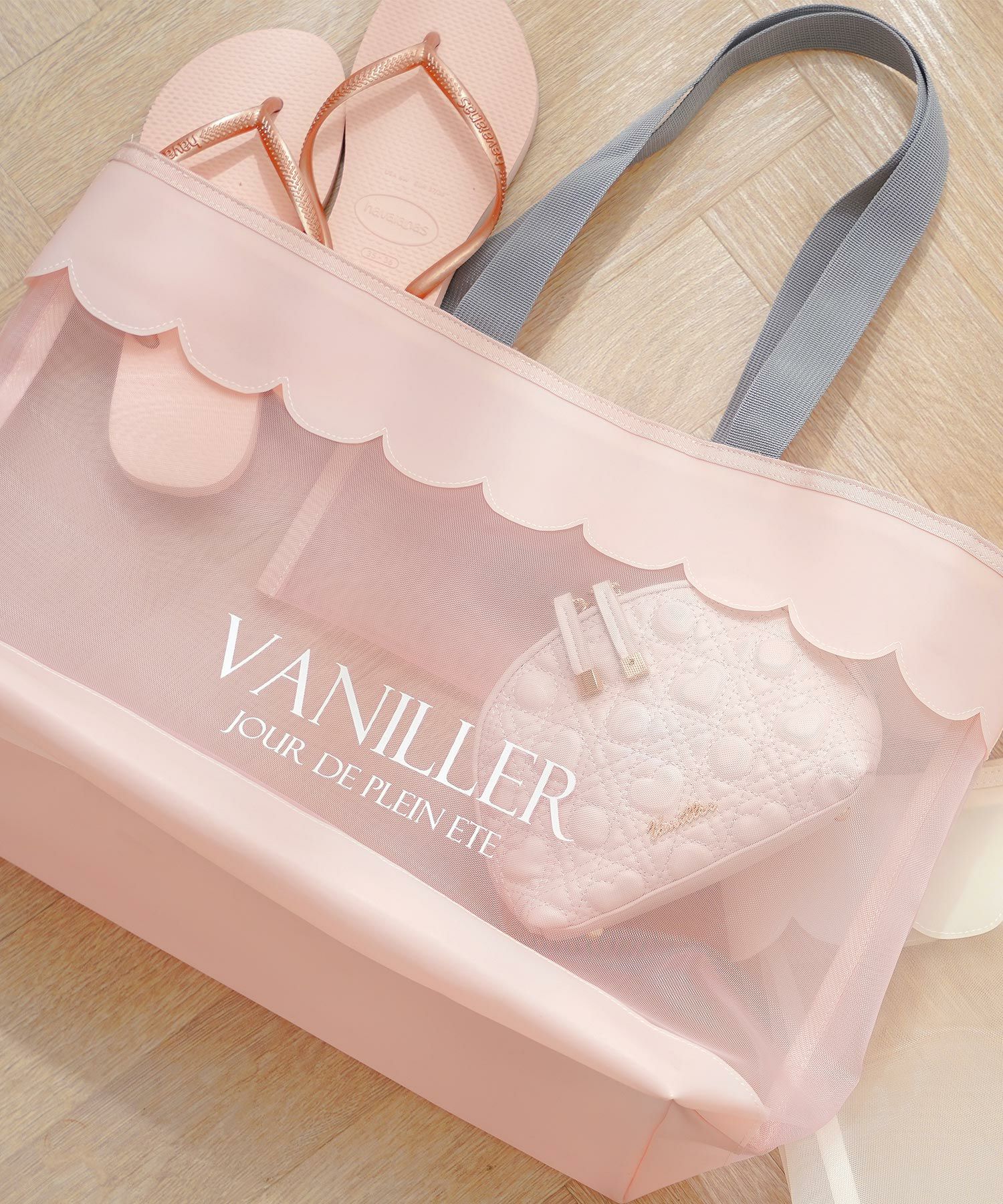 レディースファッションエレガントフェミニンメッシュバッグトートバッグスカラップロゴプリントオリジナルかわいいオフホワイトピンク軽量大容量透けPVC