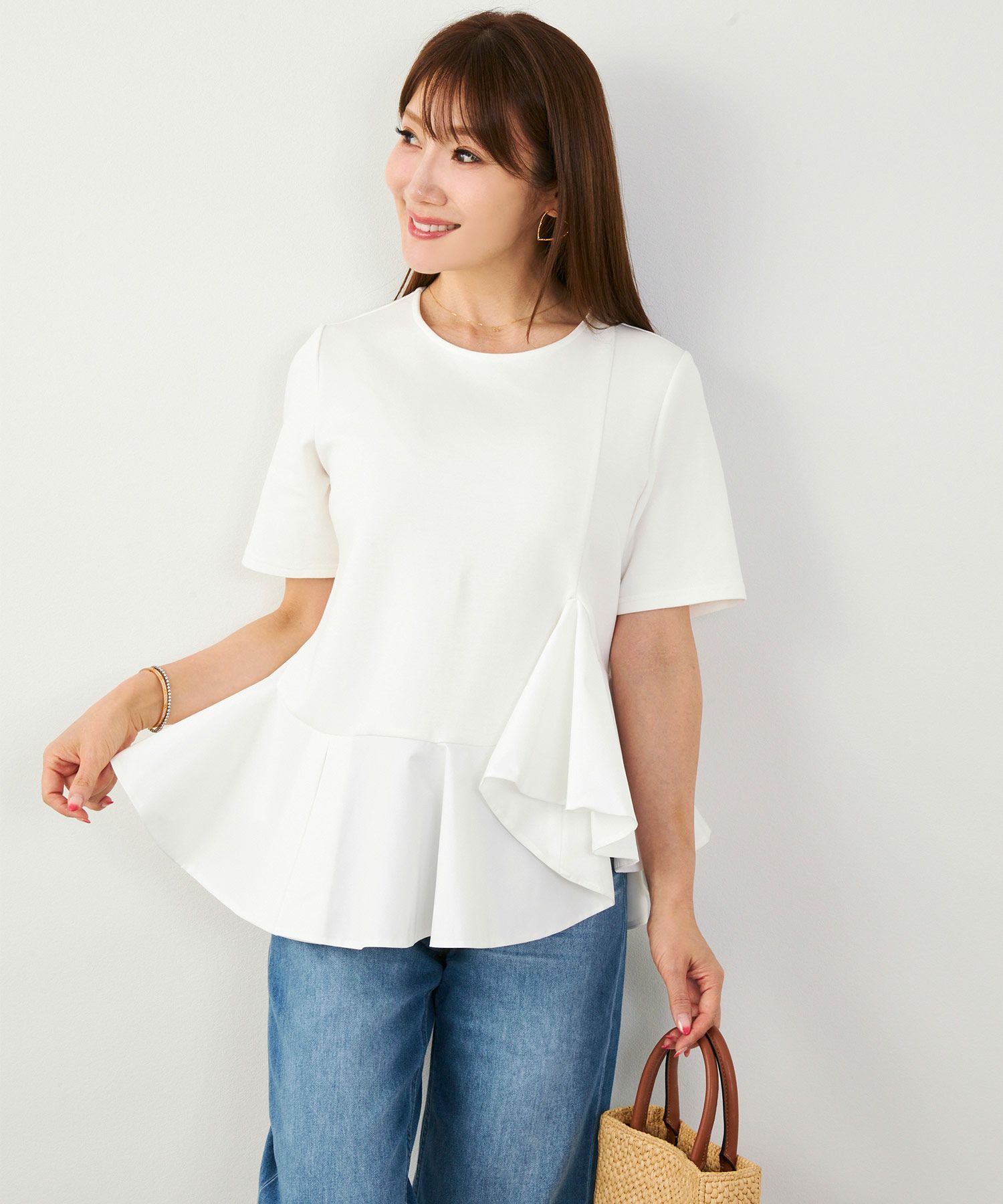 手洗い可かわいい上品きれいめ大人カジュアルオフィスシンプルイレヘム体型カバー異素材ジョイントスペース