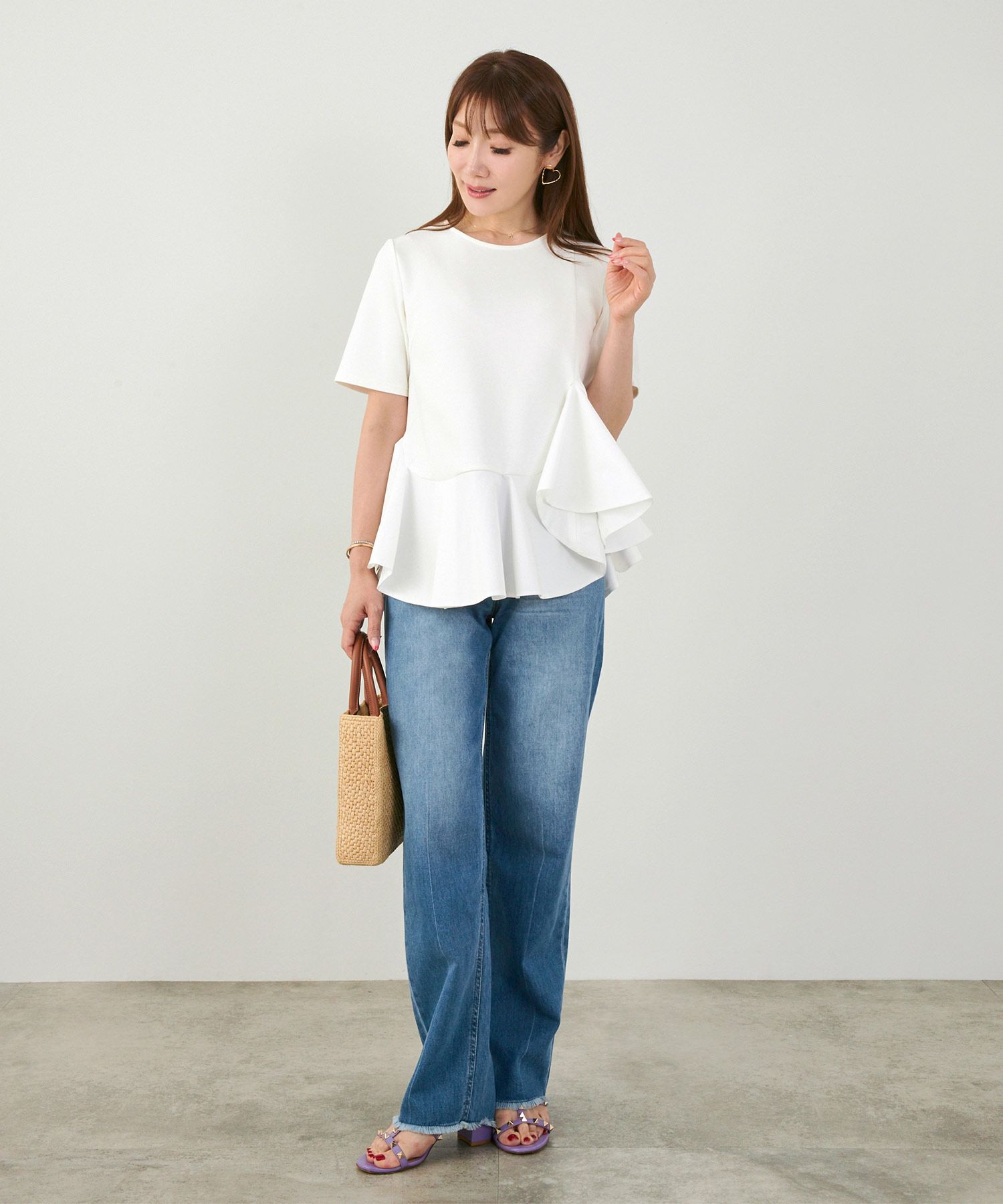 手洗い可かわいい上品きれいめ大人カジュアルオフィスシンプルイレヘム体型カバー異素材ジョイントスペース