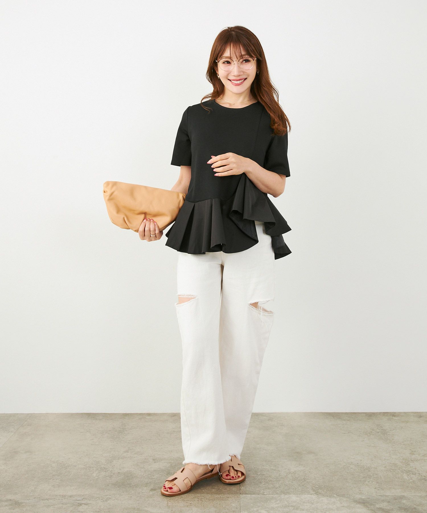 手洗い可かわいい上品きれいめ大人カジュアルオフィスシンプルイレヘム体型カバー異素材ジョイントスペース