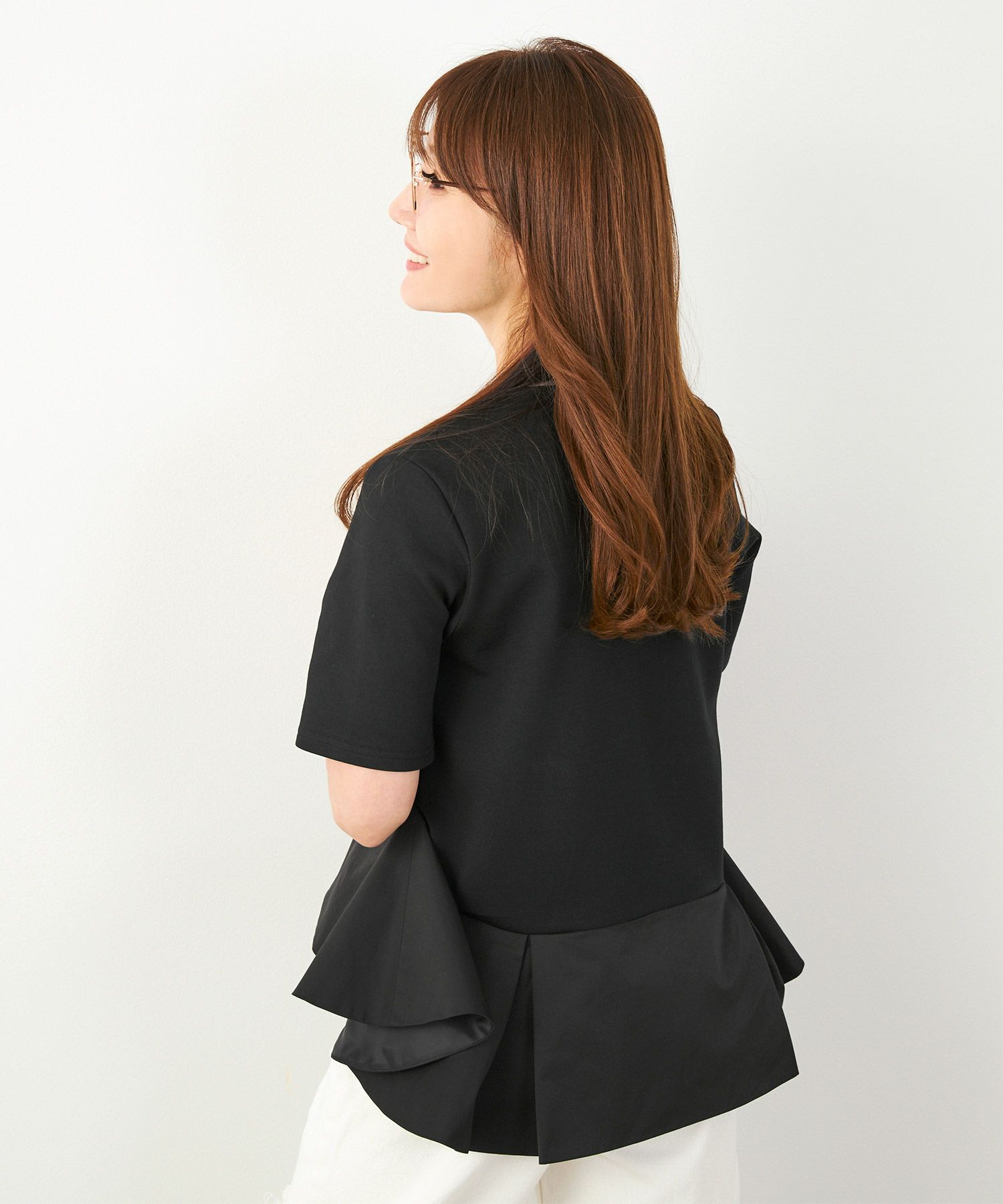 手洗い可かわいい上品きれいめ大人カジュアルオフィスシンプルイレヘム体型カバー異素材ジョイントスペース