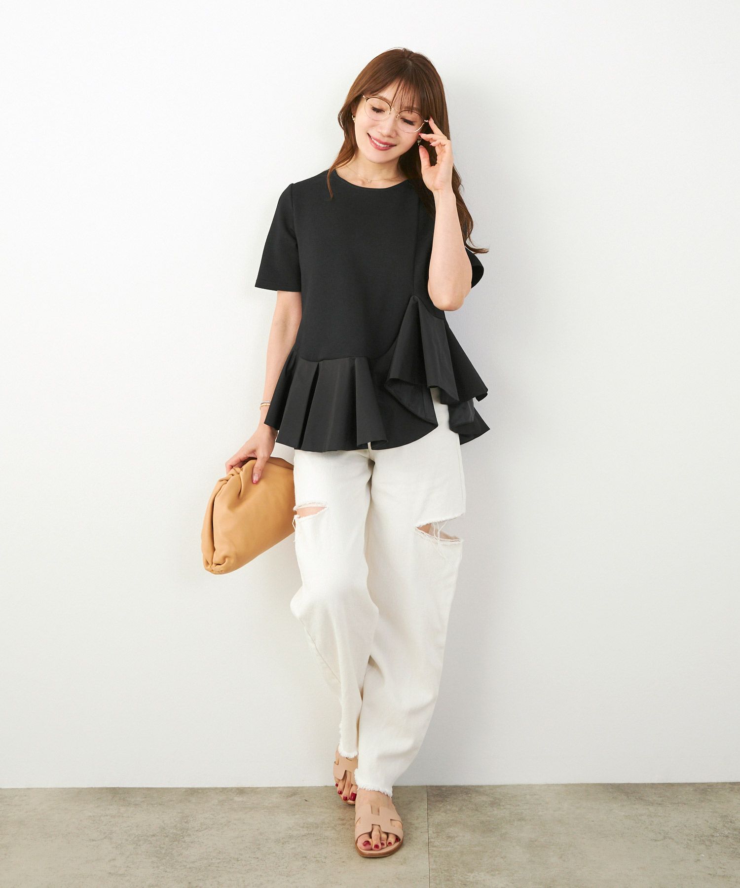 手洗い可かわいい上品きれいめ大人カジュアルオフィスシンプルイレヘム体型カバー異素材ジョイントスペース