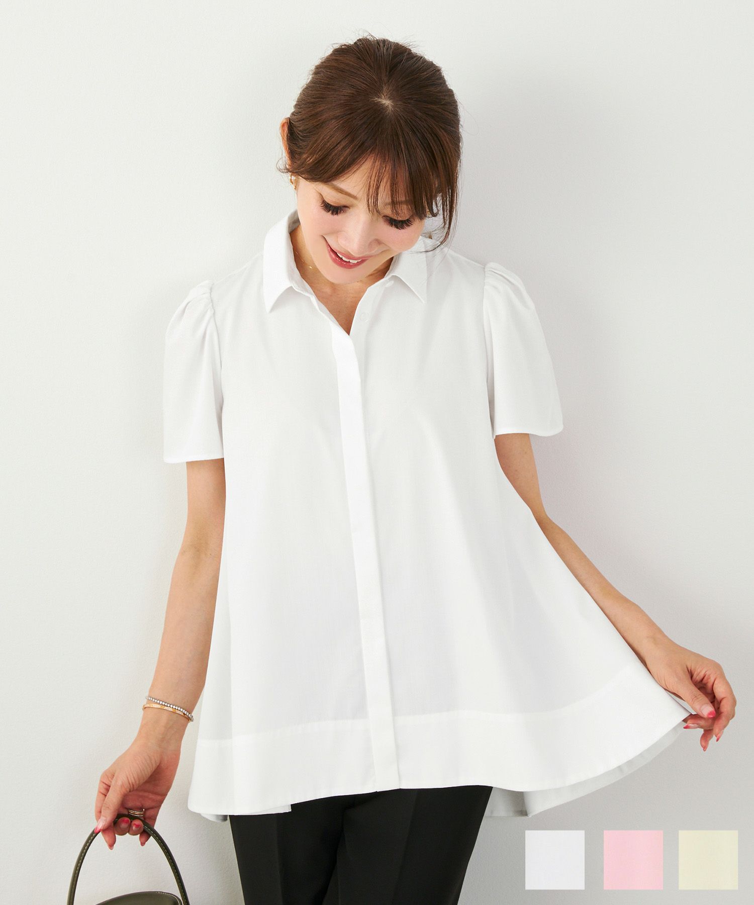 シャツ襟フレア袖とろみブラウスLiala×PG