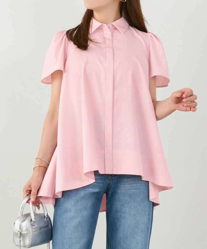 手洗い可かわいい上品きれいめ大人カジュアルオフィスシンプル襟付きイレヘム体型カバージョイントスペース