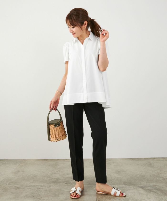 手洗い可かわいい上品きれいめ大人カジュアルオフィスシンプル襟付きイレヘム体型カバージョイントスペース