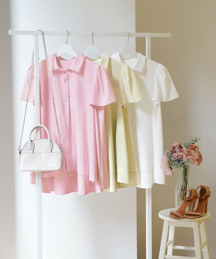 手洗い可かわいい上品きれいめ大人カジュアルオフィスシンプル襟付きイレヘム体型カバージョイントスペース