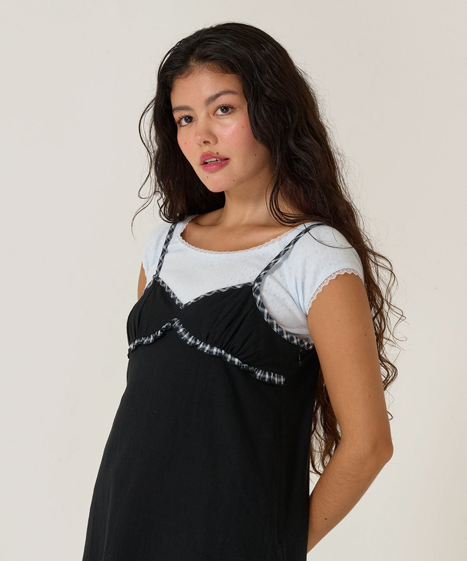 Tシャツ/レース/ボートネック/サックス