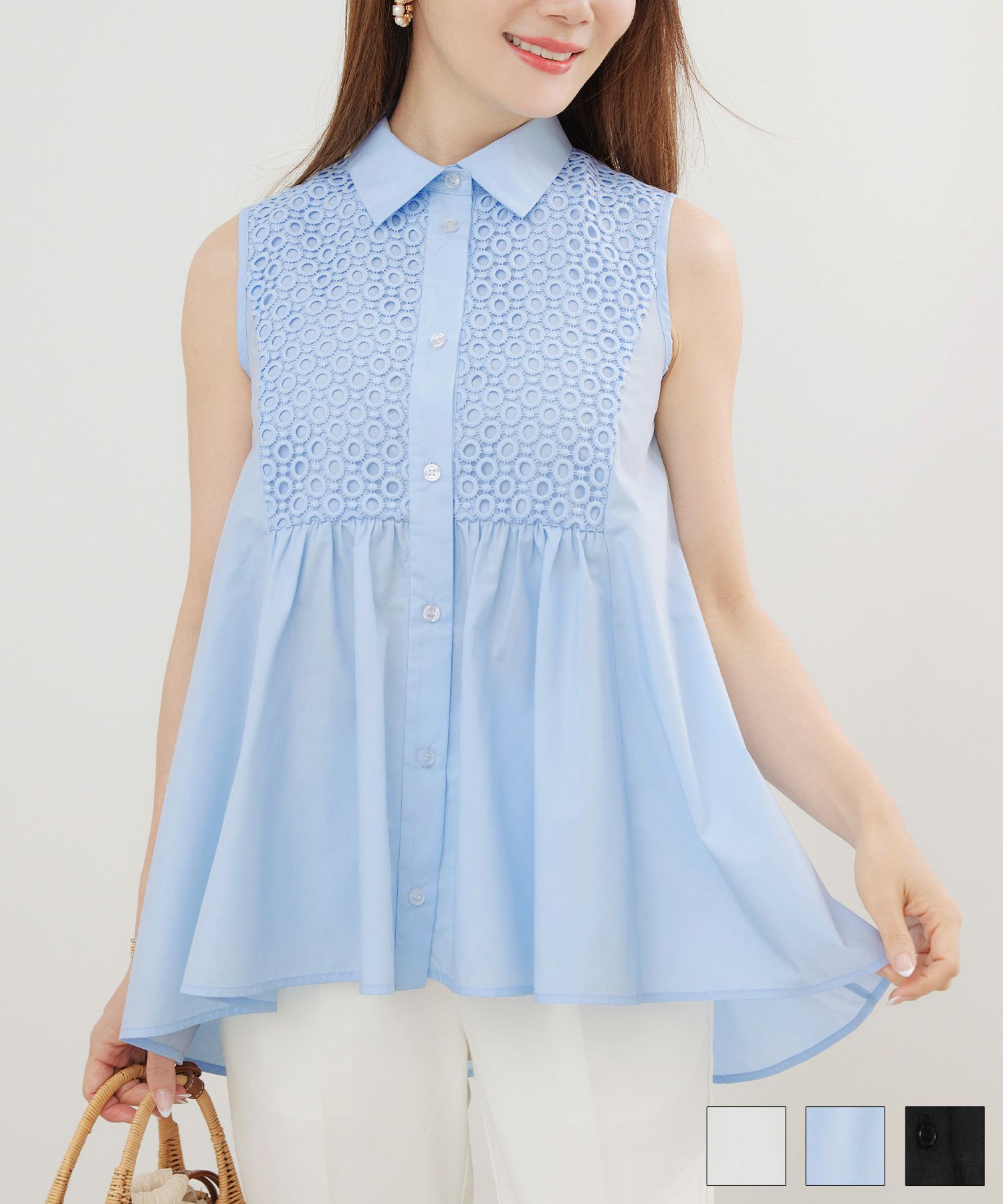 襟付きレースノースリーブブラウスLiala×PG