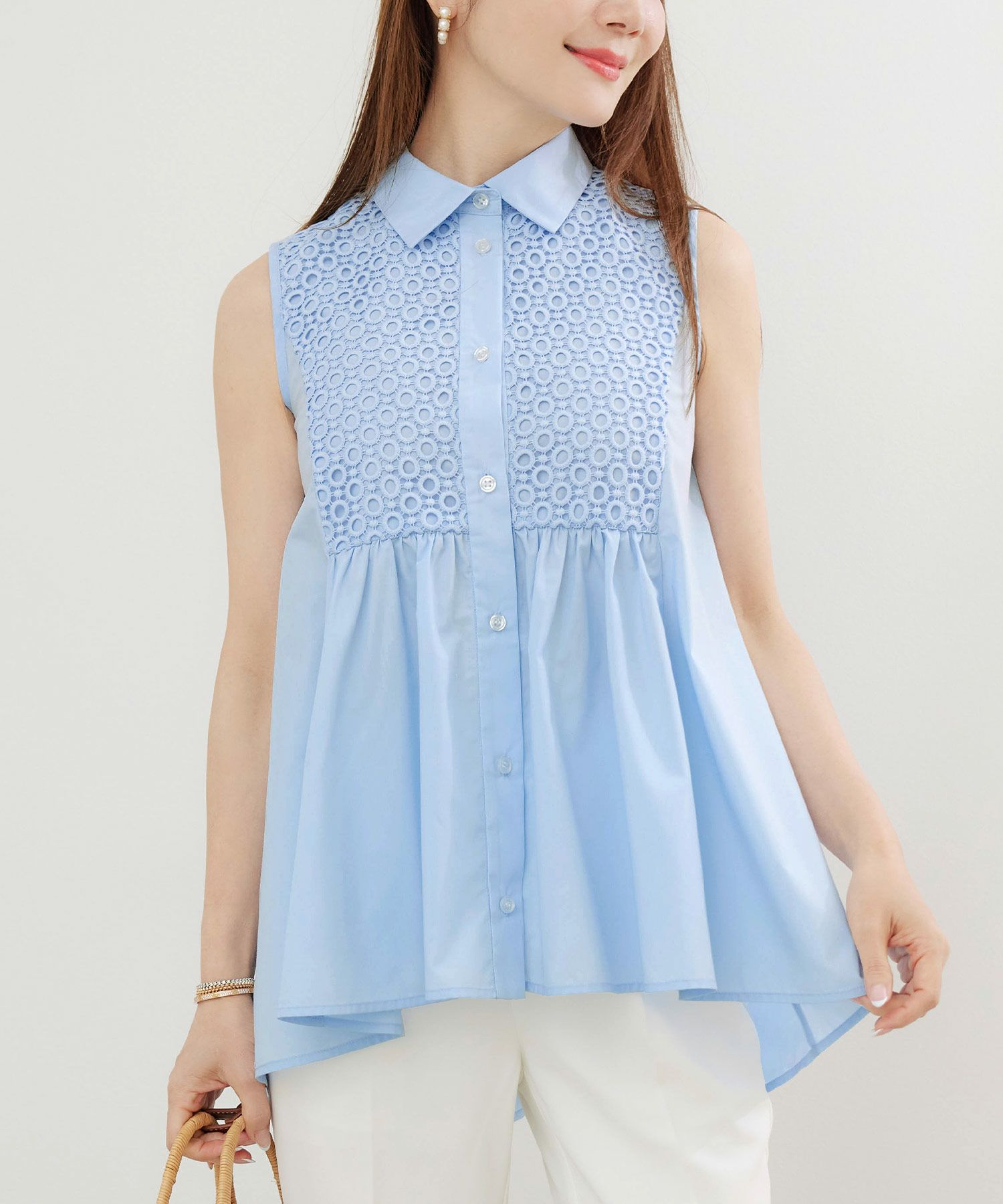 手洗い可かわいい上品きれいめ大人カジュアルシンプルエレガントノースリーブ体型カバージョイントスペース