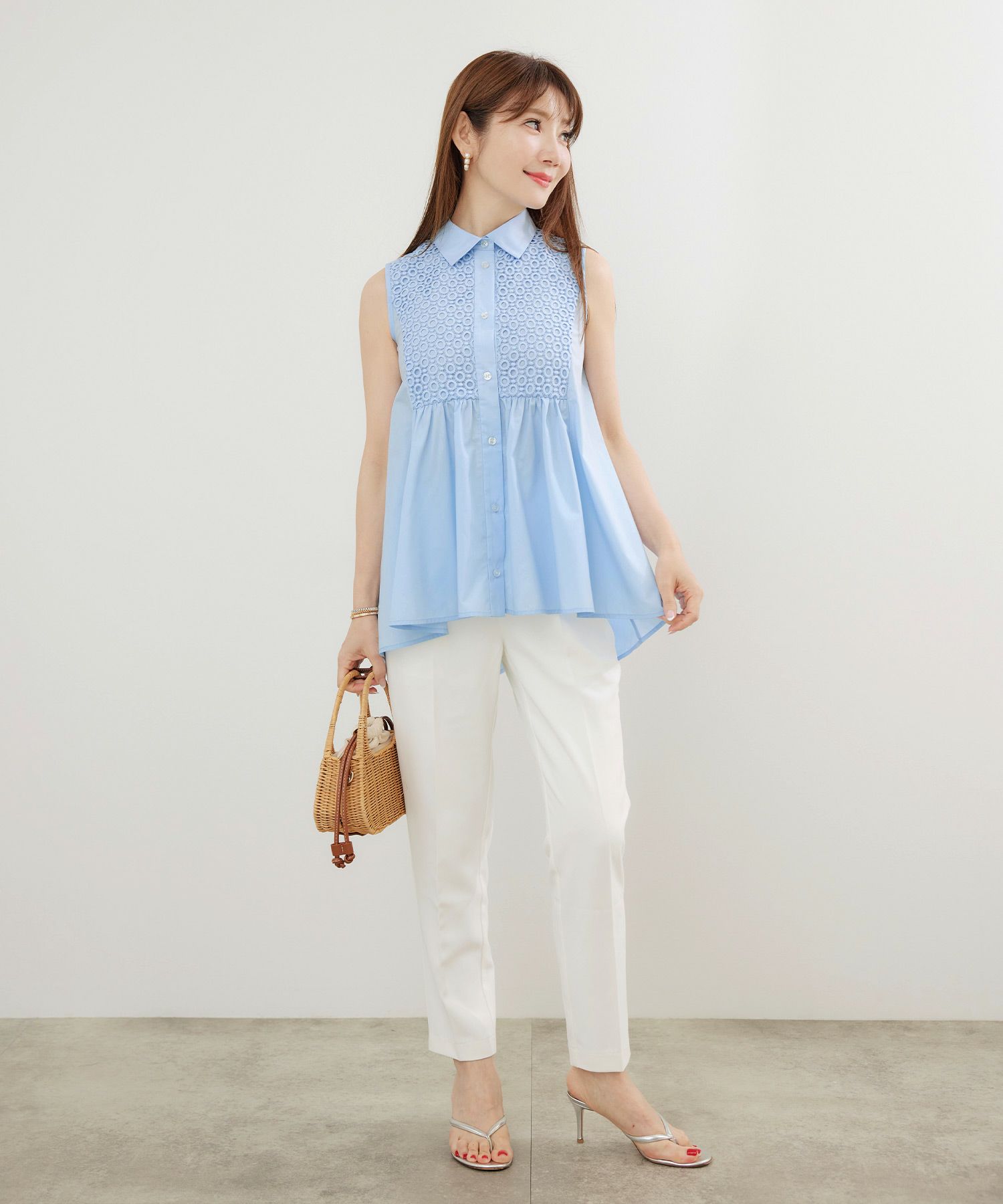 手洗い可かわいい上品きれいめ大人カジュアルシンプルエレガントノースリーブ体型カバージョイントスペース