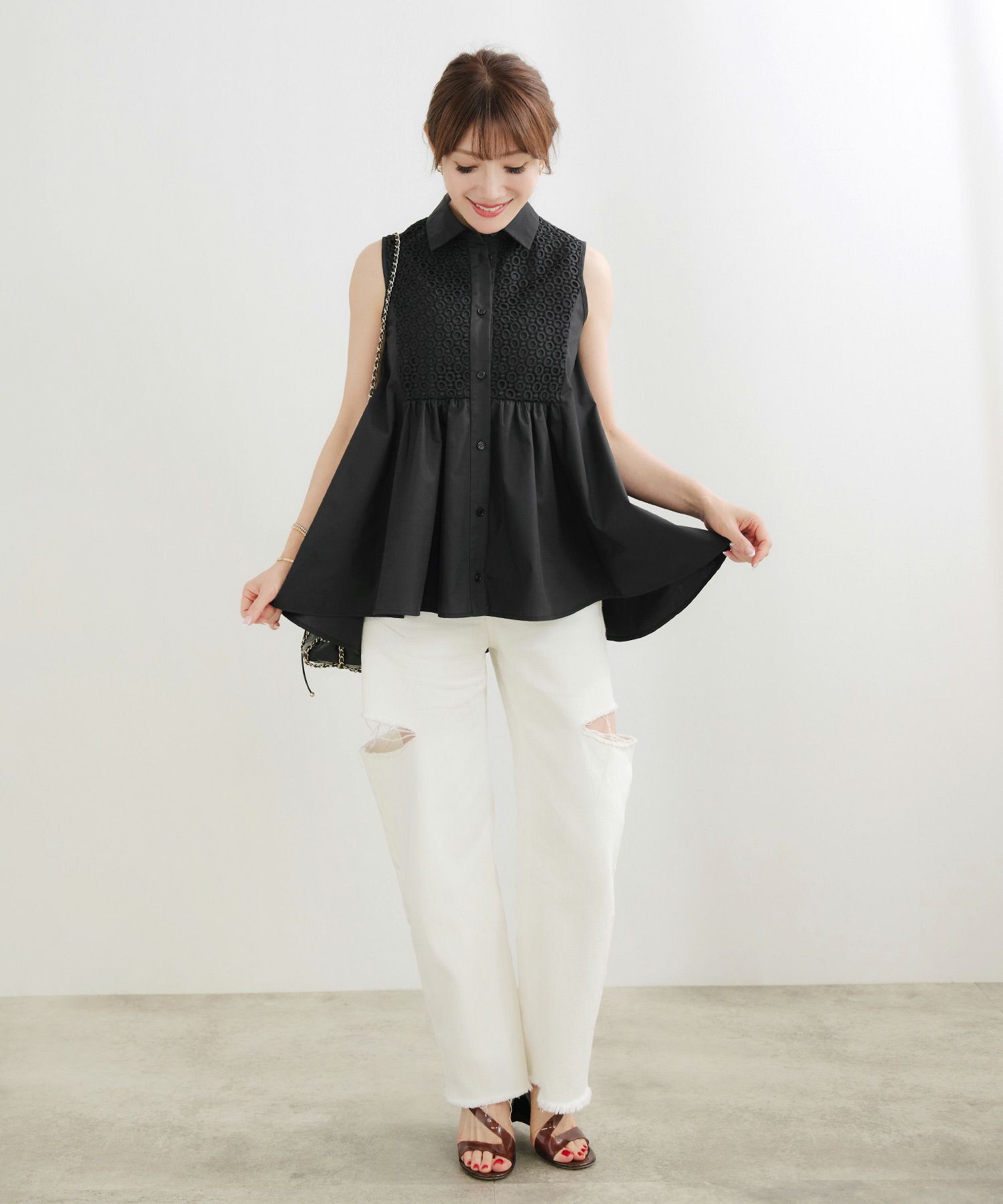 手洗い可かわいい上品きれいめ大人カジュアルシンプルエレガントノースリーブ体型カバージョイントスペース