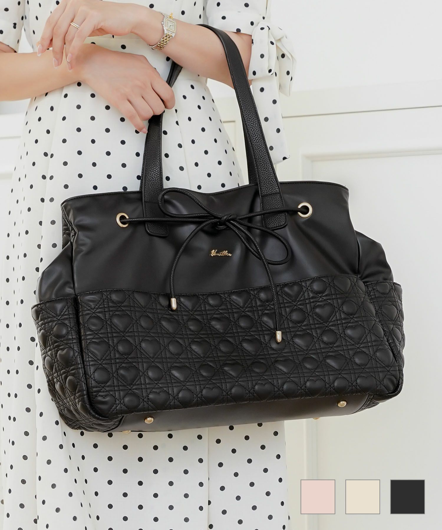 オリジナルハートキルティングトラベルトートlerevevanillerストロベリーミルク/ラテベージュ/ブラック