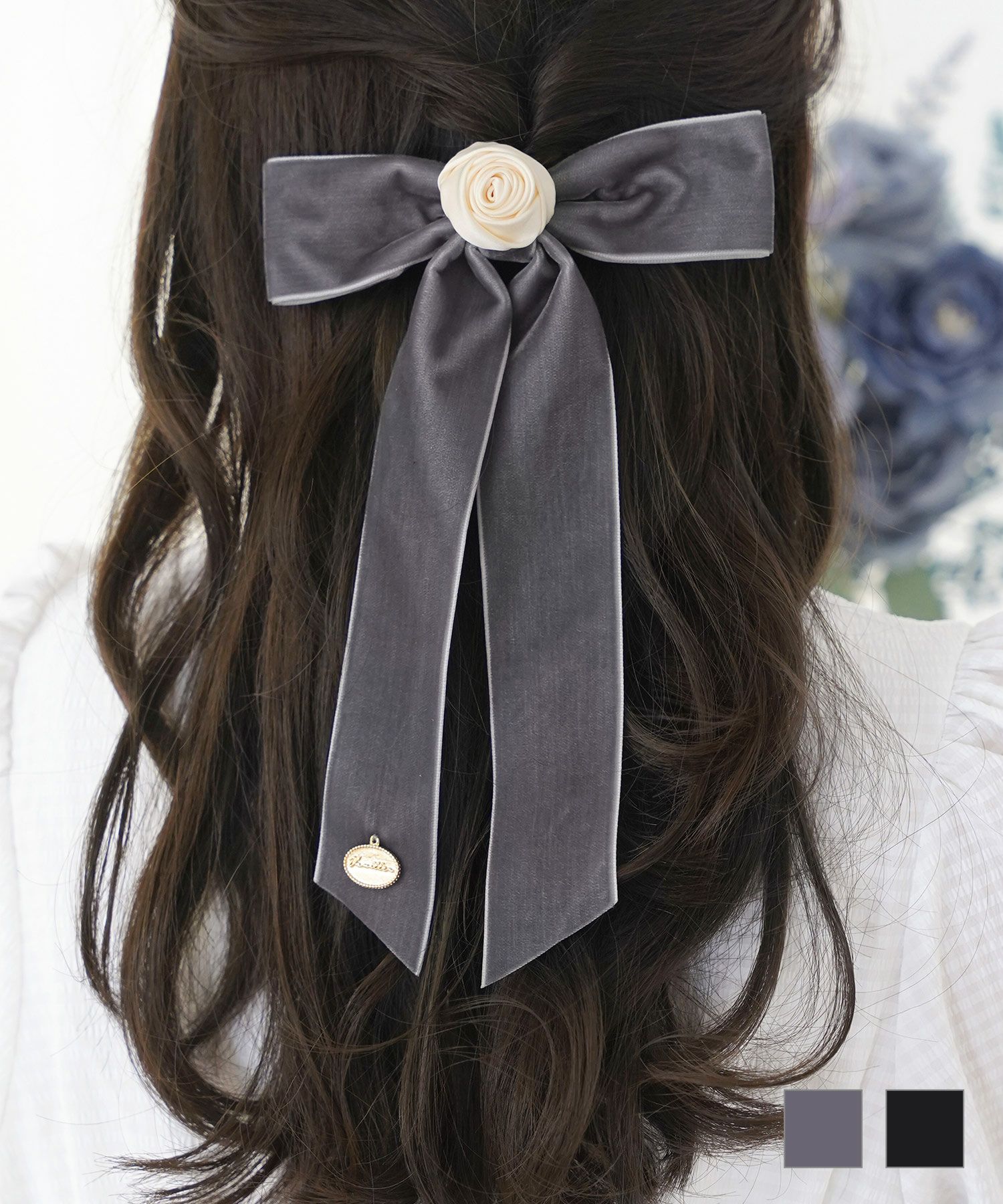 薔薇モチーフリボンバレッタlerevevanillerライトグレー/ブラック