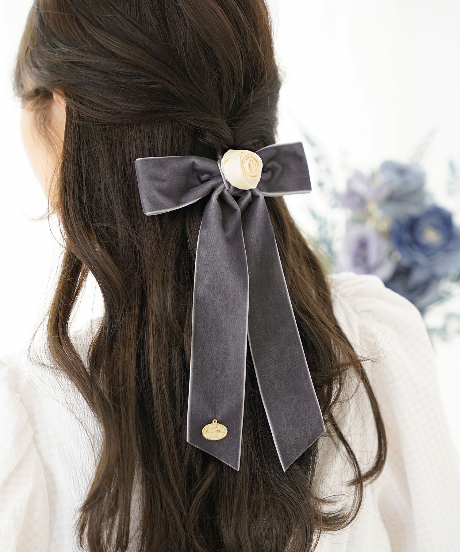 レディースヘアアレンジバレッタへアクリップ髪留めポニーテールハーフアップリボン薔薇花チャーム上品フェミニン