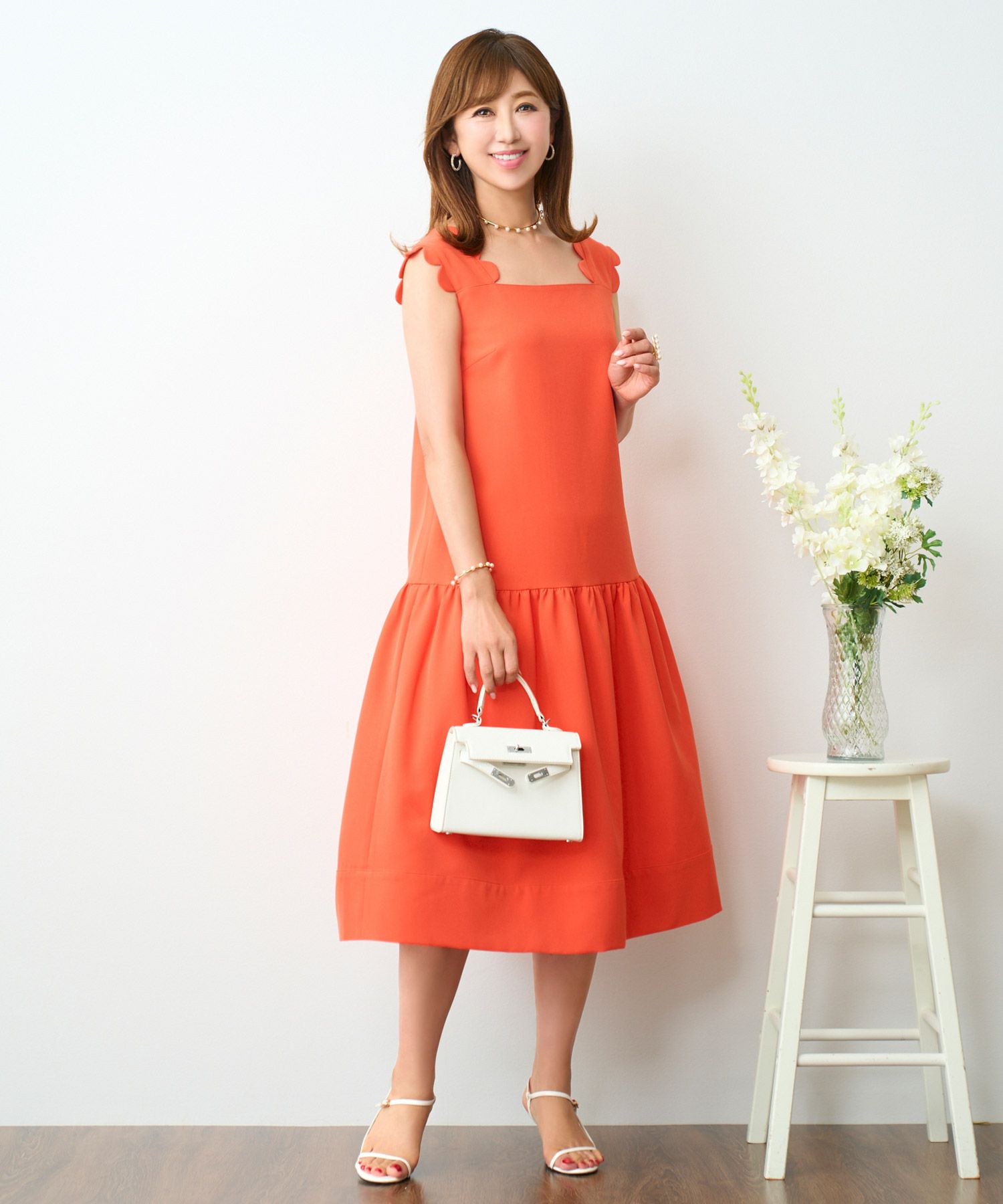 ショルダースカラップティアードクールワンピースノースリーブ緑黄色オレンジ